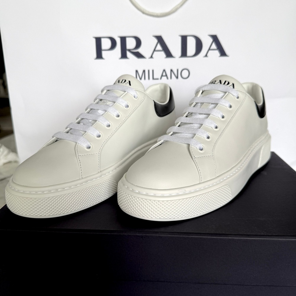 Prada 1E621M Womens Macro Logo White/Black Leather Low Top Sneakers shoes Eur 39 - Picture 8 of 11